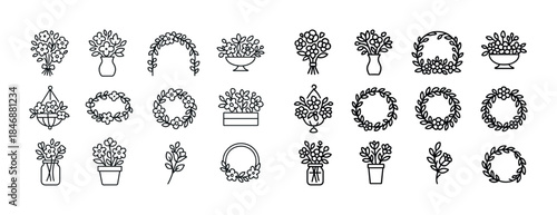 Collection of decorative floral line art icons with wreaths and