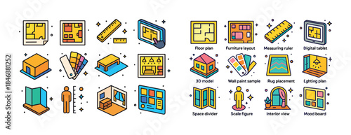 Interior design elements and tools: floor plan, furniture, mood