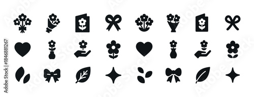 Collection of floral and leaf icons in black and white