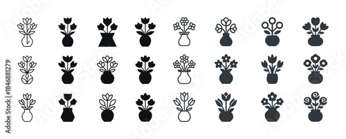 Assorted vase silhouettes: diverse floral arrangements in monoch