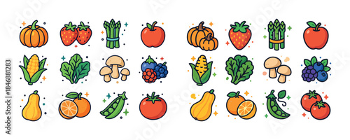 Colorful variety of vegetables and fruits on white background