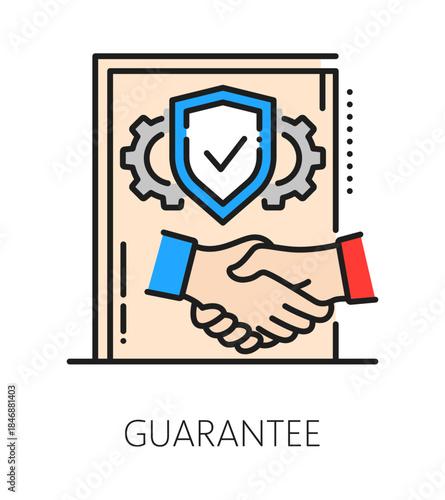 Product quality guarantee inspection icon or label. Product quality inspection icon, regulatory certification color line vector pictogram. Regulation control sign with handshake, shield and cogwheels