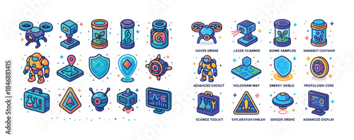 Futuristic tech icons: drones, shields, exosuits, and displays