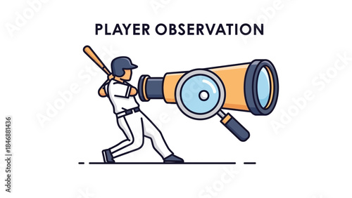 Baseball player observing with large magnifying glass closely