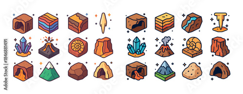 Collection of cartoon geological icons featuring crystals volcan