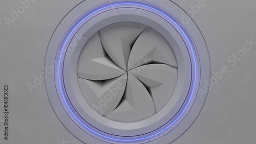 3D animation of a white mechanical iris shutter closing and opening with a blue neon light. Camera flies through the center. Perfect sci-fi transition with alpha channel.