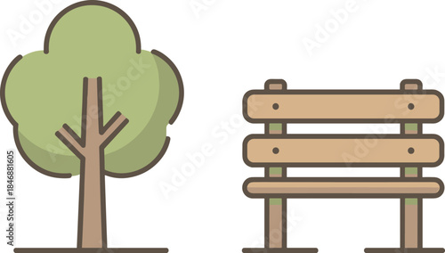 Minimalist park icons with tree and wooden bench in soft pastel colors flat vector illustration design