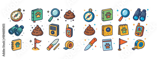 Adventure icons set: compass, binoculars, tools, maps, communica