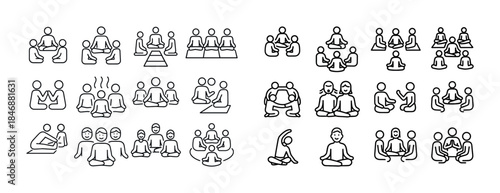 Simple line icons of meditation practices and group yoga poses
