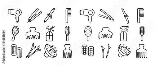 Hair styling tools icons set: dryers, brushes, combs, curlers, s