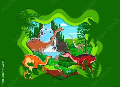 Paper cut prehistoric era dinosaurs characters landscape. Prehistoric nature landscape scene with Carnotaurus, Probactrosaurus, Pelorosaurus and Omeisaurus dinosaurs characters, waterfall and plants
