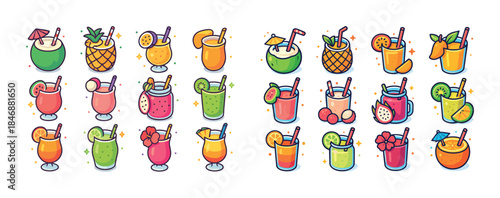 Assorted colorful tropical drinks with fruits and straws