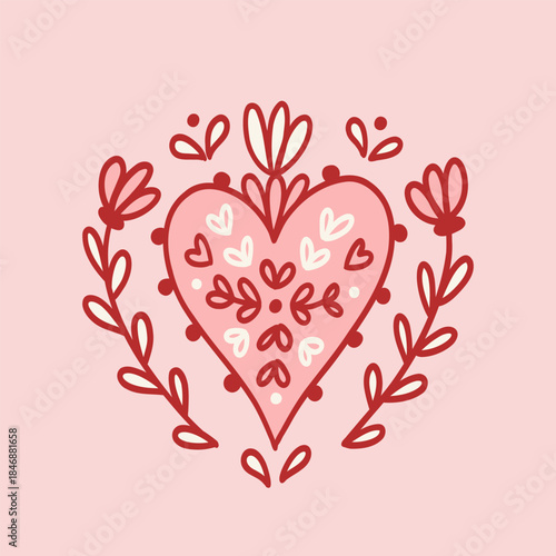 Folk art or boho heart decorated with flower. Symbol of love. Scandinavian hand drawing illustration. Whimsical card design for valentine day, birthday, wedding