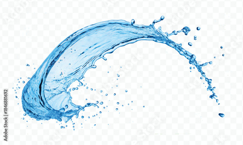 dynamic smooth liquid fresh water splash with drops in mid air cut out and curve style isolated on white background