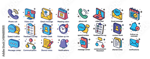 Colorful communication icons set: phone, email, video chat, cale