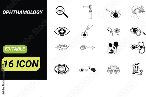 Ophthalmology Medical Line Icon Set – Eye Care, Vision Test & Eye Examination (16 Editable Icons)