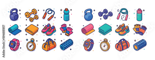 Colorful fitness equipment icons set with kettlebell, dumbbells,