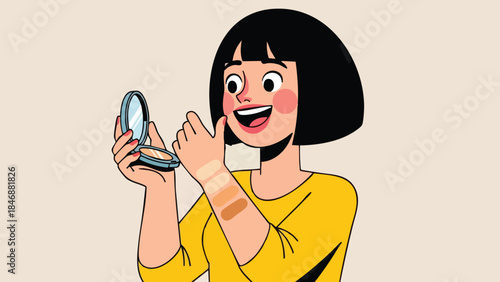 Joyful woman testing foundation shades on her arm against a clean background an engaging cosmetic choice illustration
