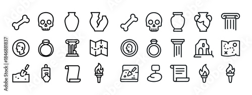 Ancient archeology icons: pottery, skulls, maps, and torches in