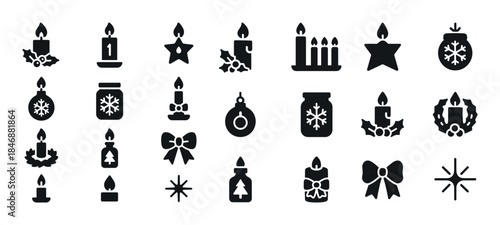 Silhouette icons of christmas candles, ornaments, and festive de