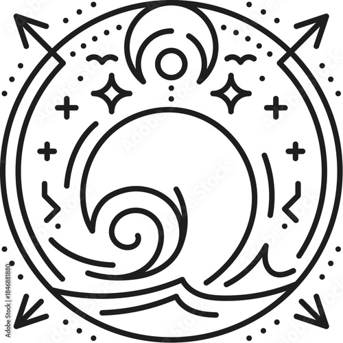 Pirate sea or ocean wave esoteric line symbol. Corsair esoteric lineart vector print, filibuster pirate sailing tarot outline symbol. Buccaneer nautical sacred linear tattoo or sign with tsunami wave