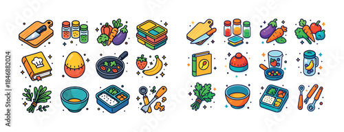 Colorful collection of cartoon kitchen items and food with cooki
