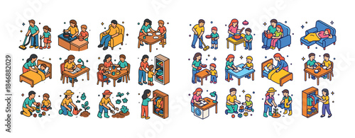 Diverse family activities: home chores, playtime, gardening, and