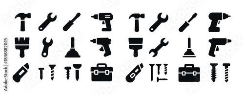 Silhouette icons of tools: hammers, wrenches, drills, screwdrive