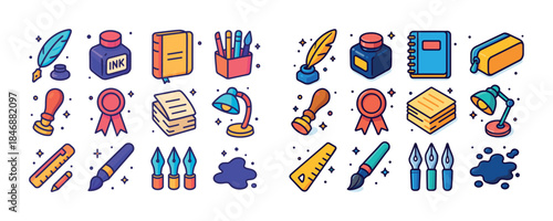 Colorful vintage writing tools and office supplies icons collect