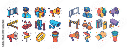 Colorful security and safety icons featuring police, barriers, c