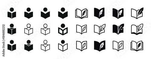Set of reading and writing icons: books, people, quill, black an