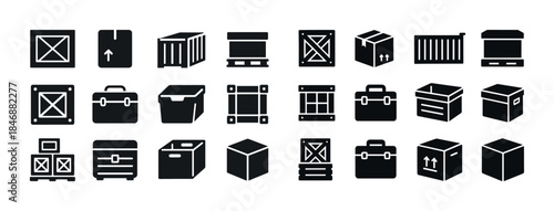 Collection of black shipping box and crate icons in various styl