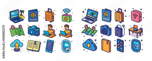 Travel icons: male communication, technology, and journey essent