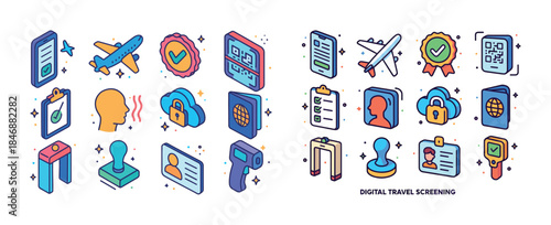 Digital travel screening icons: passport, security, boarding, do