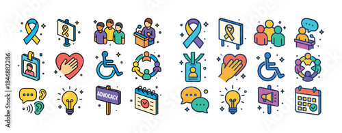 Colorful icons representing disability advocacy and community su