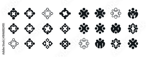 Collection of abstract teamwork and unity icons in various geome