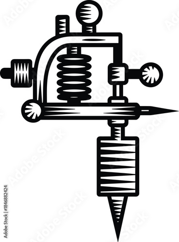 Vintage tattoo machine illustration black and white hand drawn sketch style classic tattoo gun equipment design isolated
