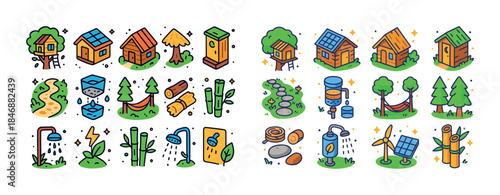 Sustainable eco-friendly tiny house illustrations with solar ene