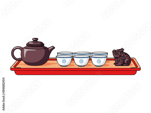 Traditional Chinese tea set with teapot, cups, and frog figurine, transparent background, isolated, vector  