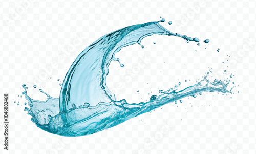 dynamic smooth liquid fresh water splash with drops in mid air cut out and curve style isolated on white background