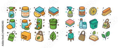 Eco-friendly household items and cleaners: baking soda, vinegar,