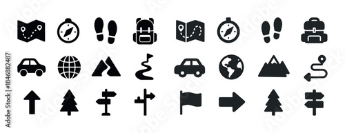Travel and navigation icons: maps, compass, gps, backpack, direc