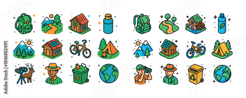 Outdoor adventure icons set with camping, hiking, and nature ele