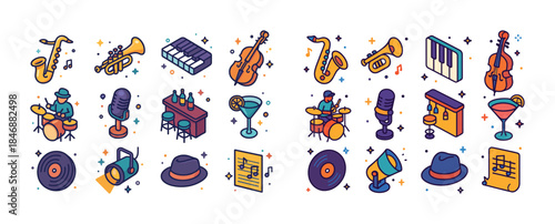 Colorful jazz music icons: instruments, microphones, drinks, and