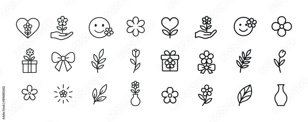 Obraz premium Line art icons: flowers, hearts, and nature-themed elements