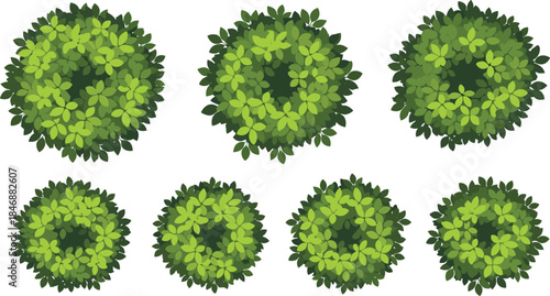 Seven stylized top-down green bushes with layered foliage textures, ideal for landscape design, gardening plans, and vector illustration use.