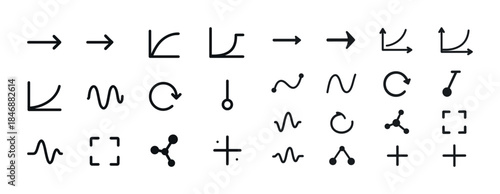 Collection of various arrow and line icons in black vector style