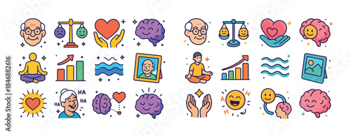 Elderly caucasian male wellbeing icons: heart, brain, yoga, humo