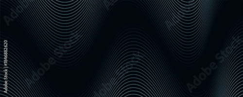 Abstract blue wavy lines of the sound wave. Dynamic gradient pulsating wave. Musical neon concept, symbols of the frequency of digital music. Vector illustration on a black background