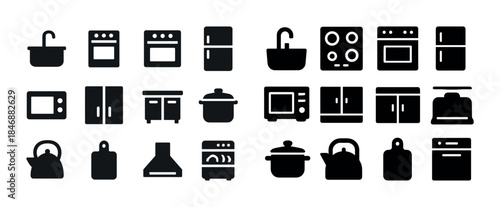 Black kitchen appliance icons set: stove, refrigerator, microwav